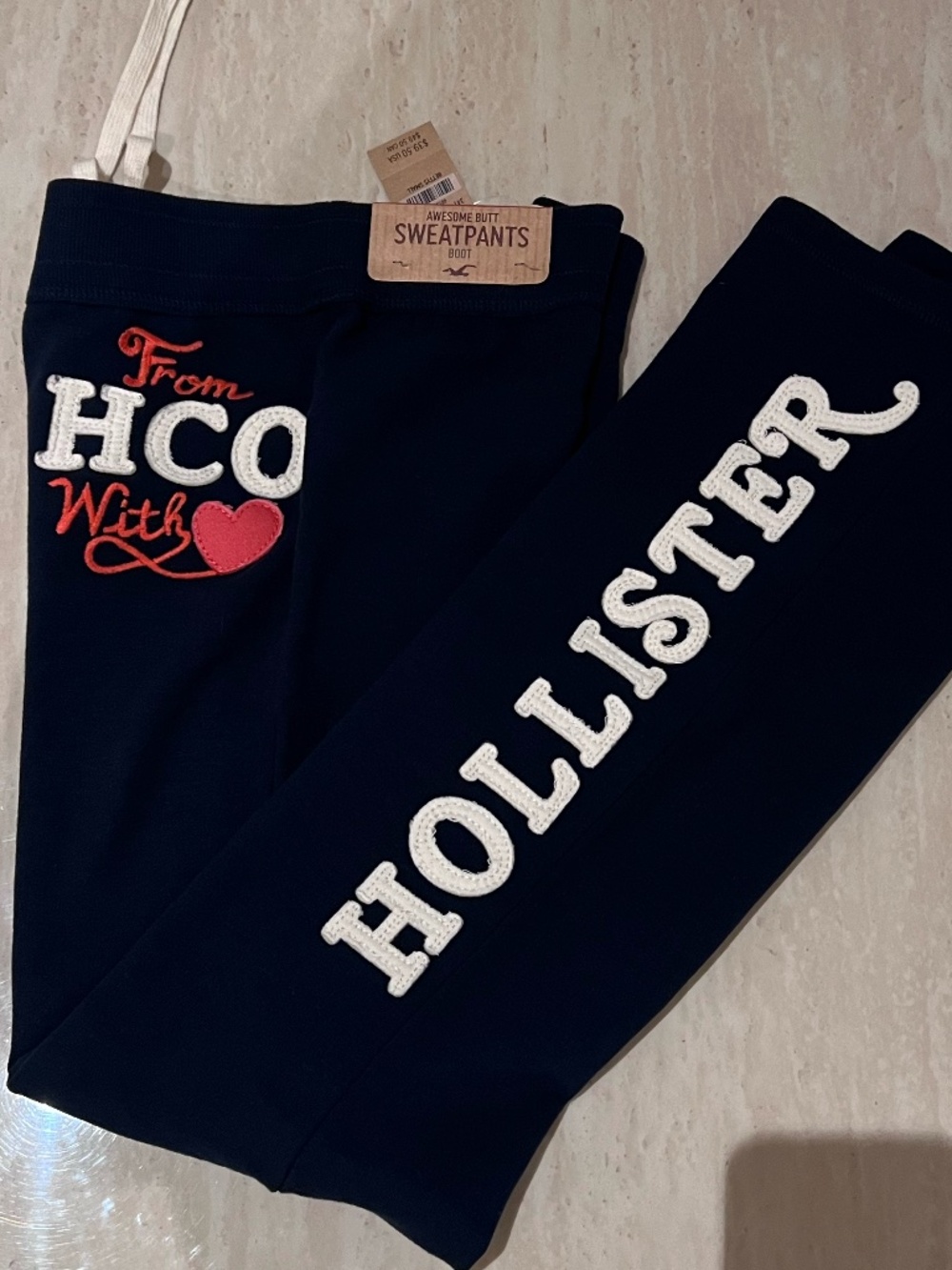 NWT Hollister Graphic Logo Awesome Butt Boot Cut Sweatpants NAVY Size SMALL RARE - Picture 3 of 4